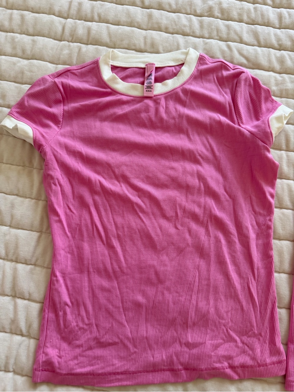 SKIMS Pink Ribbed Ringer Tee with Cream Trim